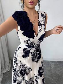 Vestido elegante de línea A con escote en V, cintura ceñida y parches florales en color amarillo crema para mujer, para verano - Albaricoque - Ver 8