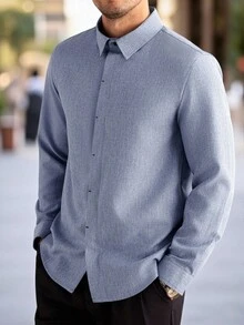 Manfinity Bizformal Áo sơ mi nam dài tay cài cúc phía trước, phối hai tông màu, chất liệu lưới, kiểu dáng công sở thường ngày. - Màu xanh lam - Xem 5