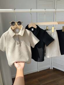 SHEIN 4件套男童休闲校园风纹理面料Polo衫和短裤套装，舒适百搭 - 彩色 - 查看 5