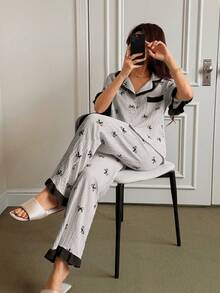 Napfluff Blue Striped Bow Print Patchwork Contrast Color Lapel Short Sleeve Pants Pajama Set For Women - Grey - View 4