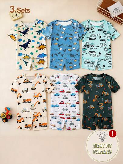 Bộ đồ ngủ 6 món cho bé trai, áo tay ngắn và quần short in hình xe công trình, mềm mại và thoải mái.