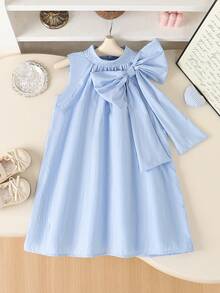 Elladie kids Đầm thanh lịch tối giản với nơ lớn dành cho bé gái, thích hợp cho mùa hè. - Màu xanh nhạt - Xem 4