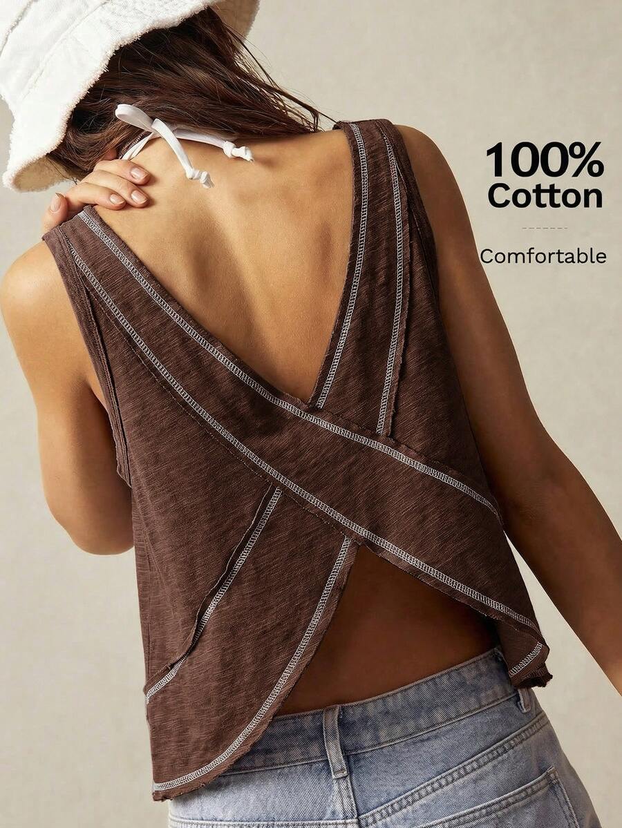 Bohemela Women Solid Color V-Neck Asymmetrical Hem Knit Vest - Coffee Brown - View 1