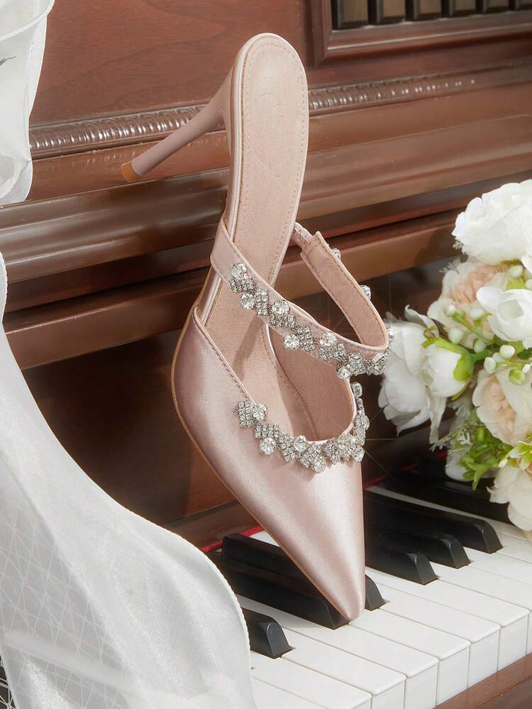 CUCCOO HITCHD Women Shoes New French Sexy Pointed Toe High Heels Fashion Low Vamp Satin Rhinestone Dress Party Bridal Wedding Shoes