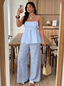 Weeklong Plus Size Women's Casual Camisole & Shorts Set With Ruffle Hem, Heart Embroidery And Striped Print, Suitable For Spring/Summer - Multicolor - View 4
