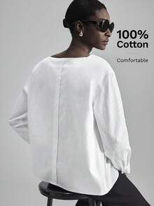 Ontre Áo nữ dài tay màu trắng dáng rộng thanh lịch tối giản 2026SS, trang phục thường ngày cho kỳ nghỉ. - trắng - Xem 2