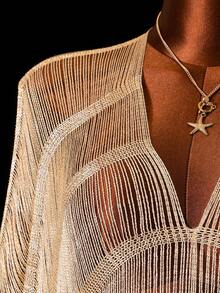 Zestiva Women's Elegant Boho Apricot High Slit Long Fringe Mesh Swimsuit Cover Up,Summer Beach Holiday Holiday,Seaside,Hot Spring,Suitable For Spring,Autumn - Gold - View 3