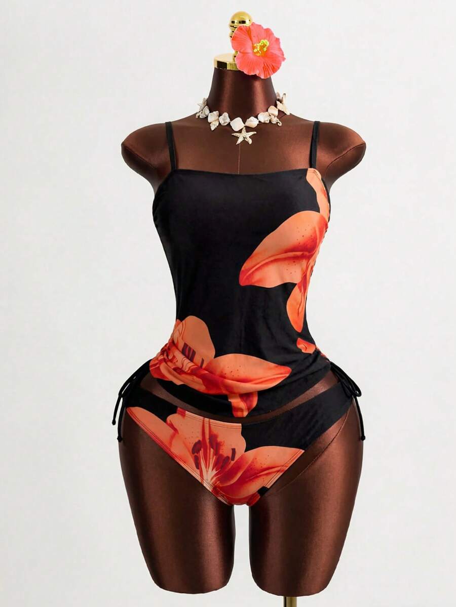 Zestiva 女士印花吊带泳衣套装，优雅度假休闲风 - 橘色 - 查看 1