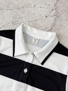 少女休闲校园风 Polo 领蓝白条纹修身连衣裙 - 黑與白 - 查看 3