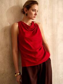 MOTF PREMIUM WOMEN'S LINEN BLEND METAL DECOR STRUCTURED DESIGN SLEEVELESS TANK TOP - Red - View 4
