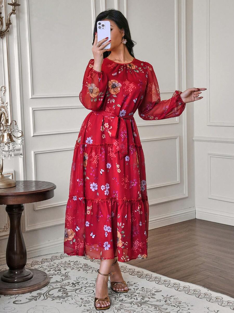 Modelyn 女士碎花褶皱中长连衣裙,时尚百搭,适合派对和各种场合 - 紅色 - 查看 1