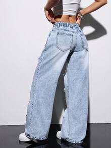 SHEIN PETITE 女士Y2K高腰阔腿牛仔裤，星形破洞做旧休闲夏季街头风，女士街头风破洞斜插口袋宽松直筒水洗牛仔裤 - 淺色水洗藍 - 查看 2