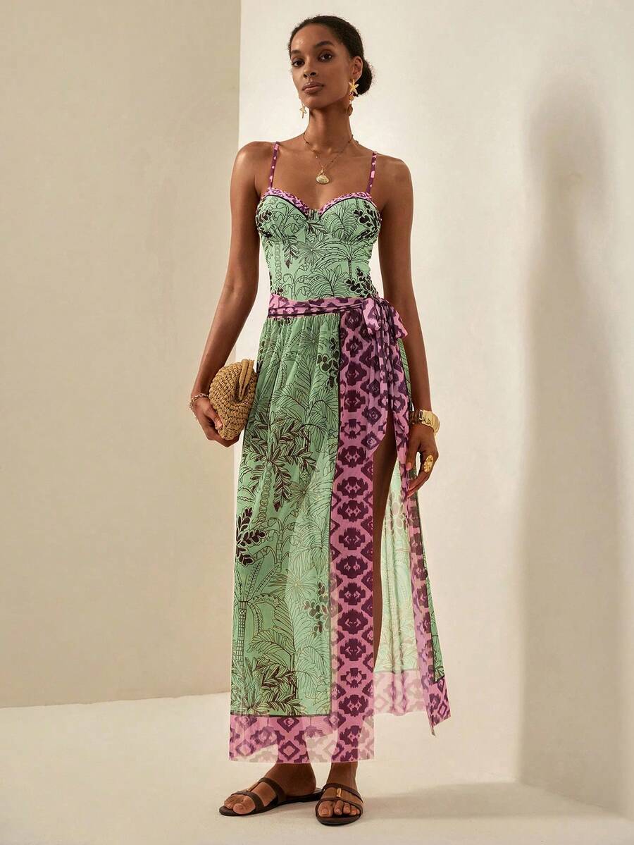 Écloséra 女士两件式植物印花性感吊带连体泳衣，侧边系带裙摆，夏季 - 彩色 - 查看 1