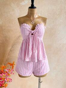 Soleia Bộ đồ 2 mảnh dành cho nữ gồm áo crop top không tay in sọc, viền bèo nhún và quần short kiểu dáng thoải mái, thích hợp cho tiệc tùng, đi biển, kỳ nghỉ. - Nhiều màu - Xem 4