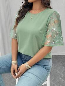 EMERY ROSE Women's Plus Size  Long Blouse With Flounce Half Sleeves And Subtle Sheer Details,Plus Size Round Neck Petal Sleeve Minimalist Elegant Blouse - Cadet Blue - View 3