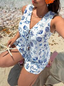 Comfortcana Plus Size Women Shell Print Tie Front Vest And Shorts Casual 2 Pieces Set Gym Brown Summer - Multicolor - View 2