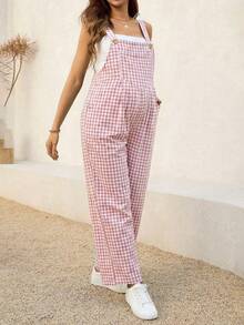 SHEIN Quần yếm ống rộng kẻ caro có túi dành cho bà bầu, kiểu dáng thường ngày, đa năng, thích hợp mặc hàng ngày. - Màu tím hoa cà - Xem 4