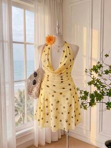 Comfortcana Đầm chấm bi màu vàng nhạt, kiểu dáng thường ngày, cỡ lớn, thích hợp cho kỳ nghỉ. - Vàng nhạt - Xem 4