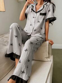 Napfluff Blue Striped Bow Print Patchwork Contrast Color Lapel Short Sleeve Pants Pajama Set For Women - Grey - View 5