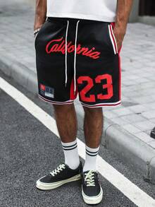 Manfinity Roghcode Men's Contrast Color Numeric Print Basketball Shorts Football - Black - View 6