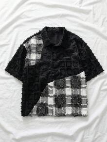 AXEPEAK Men's Plaid Patchwork Short Sleeve Single-Breasted Casual Shirt - Grey - View 5