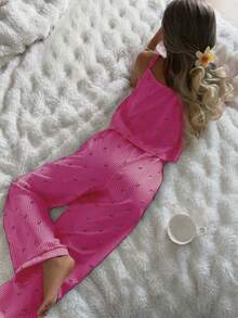 CottageSlumber Women's Bubble Crinkle Striped Cherry Print Camisole & Pants Pajama Set - Hot Pink - View 6