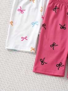 SHEIN 3pcs Set: Young Girl Bow Print Black And White Knit Camisole Jumpsuit + Bow Pattern Knit Casual Jumpsuit,Camisole Jumpsuit,4 Years Old Girl,5 Years Old Girl Outfits,Outfit For Girl,Summer Outfit For Girl,Pink Jumpsuit,Summer Jumpsuit,Girl Clothes, Kid Girl Jumpsuit, Rompers,Girl Romper,Elastic - Multicolor - View 5