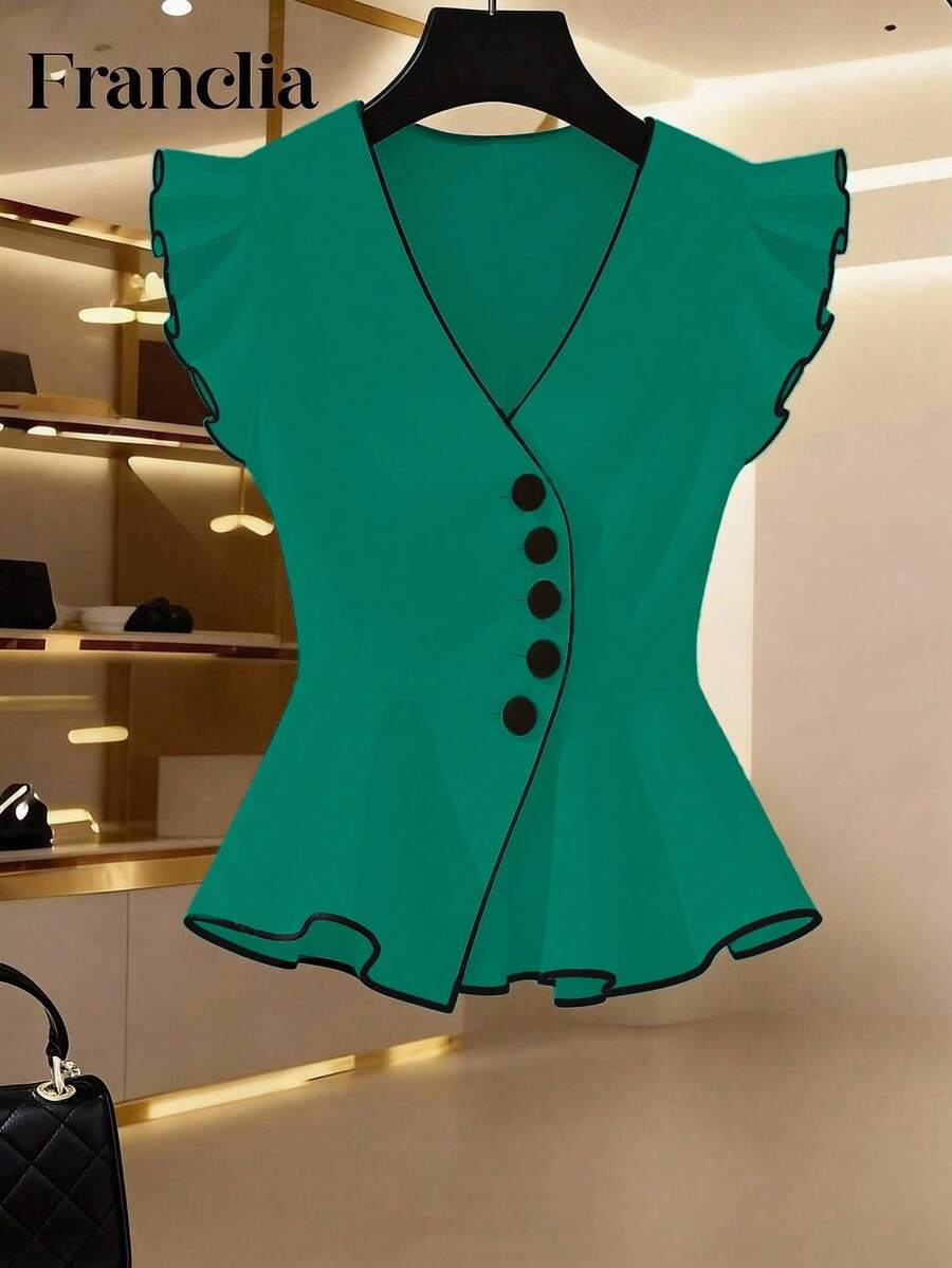 Franclia 撞色滚边V领纽扣荷叶边下摆优雅夏季衬衫 - 青碧色 - 查看 1
