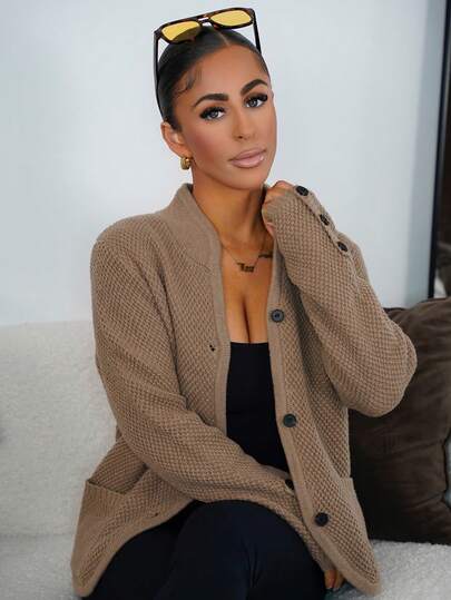 SAYEHFBABY 女士纯色长袖单排扣休闲宽松口袋秋冬开衫