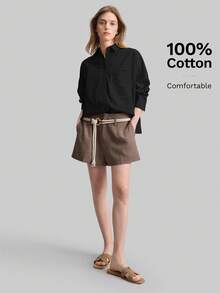 Ontre 2026春夏斯德哥尔摩风格，女教师套装，女装，刺绣翻领长袖休闲衬衫，部分镂空刺绣，度假风休闲短款方领刺绣翻领长袖上衣，女式衬衫，简约日常休闲商务休闲女式办公室着装 - 黑色 - 查看 4