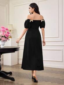 Modelyn Women's Summer French Elegant Sexy Elegant Soft Off-Shoulder Contrast Color Bow Petal Sleeve Slim Long Dress Golf White - Black - View 3