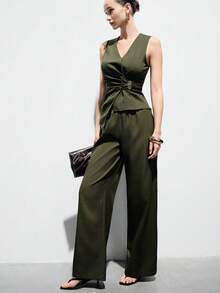 Aveloria Modichic Elegant Fashion French Retro Casual Sleeveless Asymmetric Top And Pants 2 Pieces Set For Women - Army Green - View 6