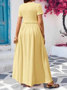SHEIN 孕妇纯色圆领褶皱休闲夏季度假连衣裙 - 黃色 - 查看 2