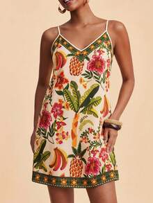 SHEIN TRVLCHIC Vestido corto de tirantes finos con estampado tejido para mujer, ideal para vacaciones de primavera/verano - Multicolor - Ver 5