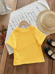 SHEIN LMoss Kids Young Girl Knit Patchwork Woven Hollow Out Raglan Sleeve Fitted T-Shirt - Yellow - View 2