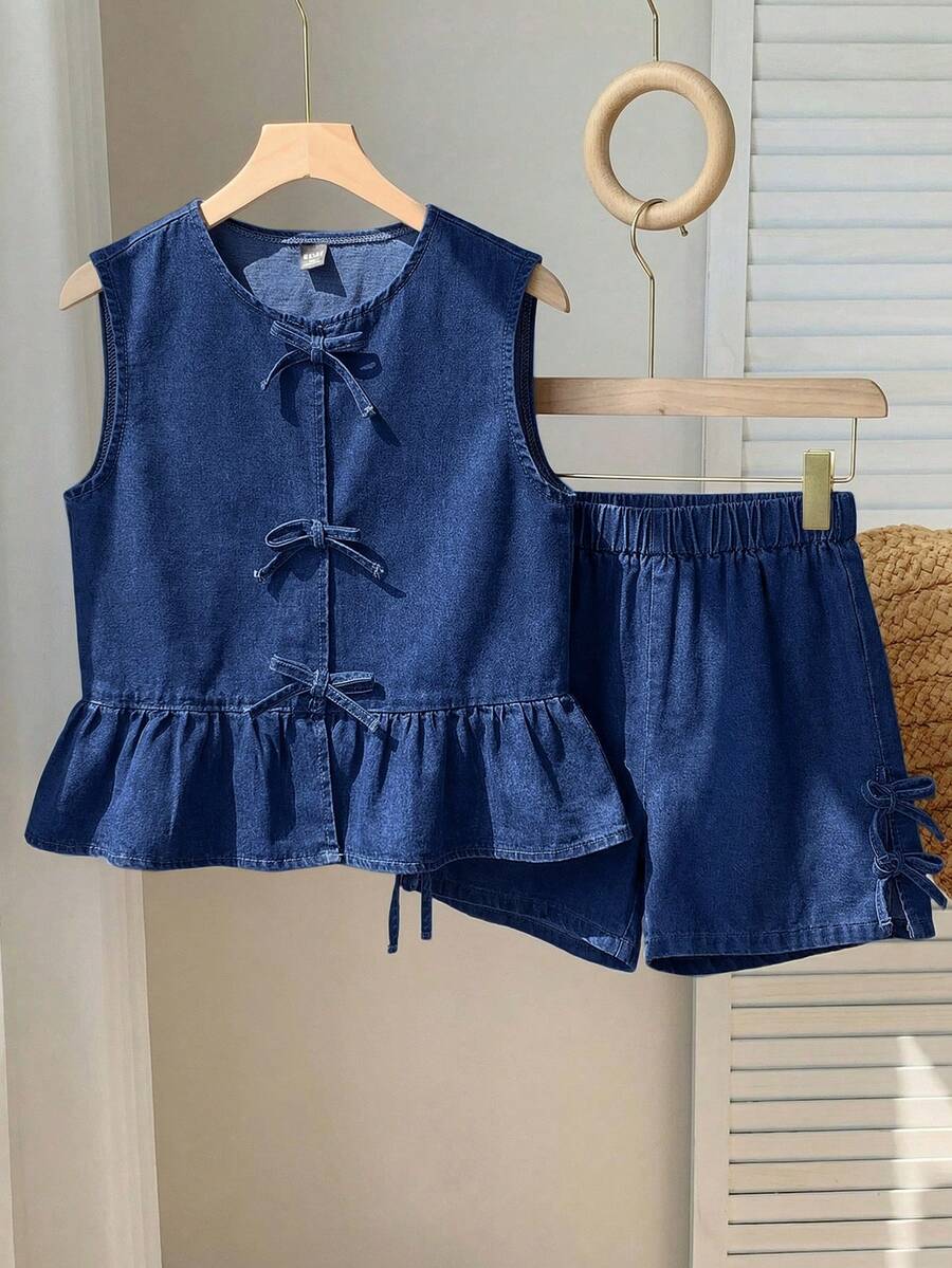 SHEIN Summer Tween Girl's Solid Washed 2 Pcs Woven Sleeveless Top With Ruffled Hem And Front Tie, With Elastic Waist Shorts Denim Two Pieces Set,Suitable For Spring And Summer Boho Vacation,Season Vintage//Beach/Sea/Elegant Graduation Outfit,Casual Women's Jumpsuit,Summer Holiday Outfits ,Spring Clothes Outfit,Beach Outfits For Women,Vacation Outfits Women,Valentine's Day Outfit,Graduation Outfit - Dark Wash - View 1