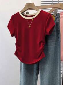 Resyla Women's Casual Basic Sexy Colorblock Round Neck Short Sleeve Top, Summer Golf White - Red - View 1