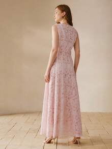 MOTF PREMIUM WOMEN'S LACE PANEL DESIGN ROUND NECK SLEEVELESS WAIST GATHERED ELEGANT ROMANTIC EVERYDAY DRESS - Pink - View 3