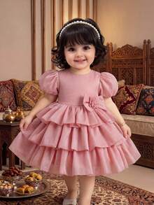 SHEIN Đầm ngắn tay màu hồng xếp bèo dễ thương và thanh lịch cho bé gái. - Hồng - Xem 2
