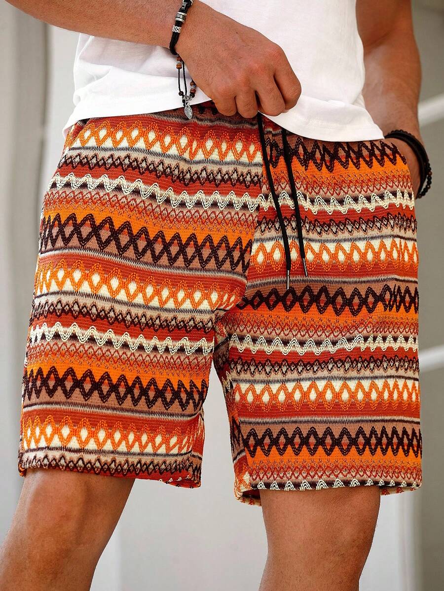 Manfinity RSRT Plus Size Men's Red Orange Striped Geometric Knit Shorts,Summer Boho Beach Holiday Holiday Casual Loose Textured Fabric Vacation Drawstring Waist - Multicolor - View 1