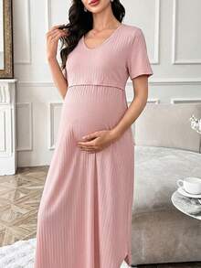 Moonlight&Mama Solid Color Jacquard Knit Short Sleeve Pullover Nursing Maternity Dress, Long Nightgown For Home Wear - Pink - View 3
