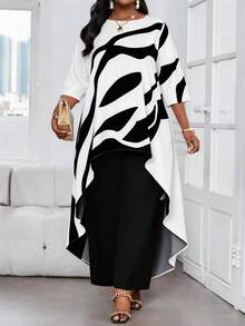 SHEIN Lady 2025新款女装两件套加大码商务通勤撞色印花不对称下摆上衣和裤子套装优雅夏季度假女装加大码两件套女装秋季女装 - 彩色 - 查看 1