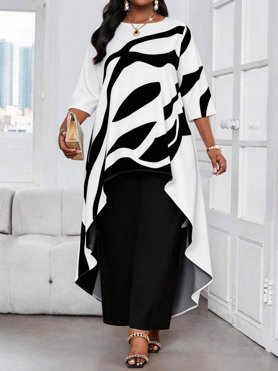 SHEIN Lady 2025新款女装两件套加大码商务通勤撞色印花不对称下摆上衣和裤子套装优雅夏季度假女装加大码两件套女装秋季女装 - 彩色 - 查看 1