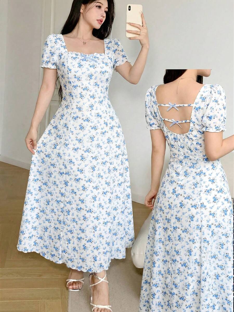 Feyla Women's Elegant Small Floral Print Bowknot Decor Backless Mid-Length Dress, Summer