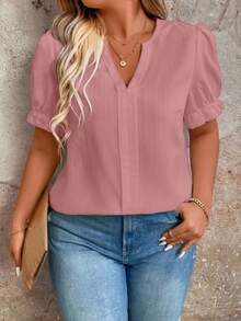SHEIN LUNE CURVE Áo sơ mi cổ chữ V màu trơn dáng rộng, cỡ lớn, phong cách thường ngày, mùa hè. - Bụi hồng - Xem 4