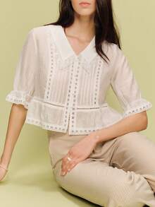 lacRébo Vintage Inspired White Lace-Trim Blouse With Oversized Collar Spring Summer French Style Parisian Style Office Outfit Going Out Vintage Top Cute Summer Top Holiday Top Cute Top White Vintage Top - White - View 6