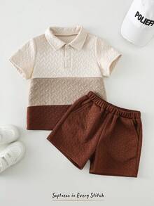 Cozy Pixies 2pcs/Set Young Boy Soft Knit Contrast Color Polo Collar Short Sleeve Half-Zip Sweater And Elastic Waist Shorts - Multicolor - View 3
