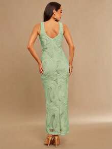Silquee Mesh Embroidered Fitted Long Dress For Women - Mist Green - View 2