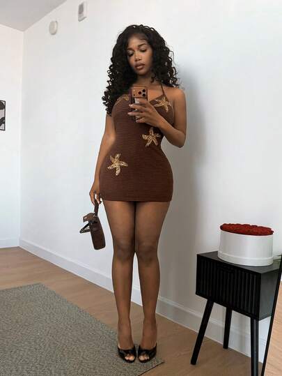 BamGleam Starfish Applique Fitted Halter Neck Sexy Backless Summer Dress