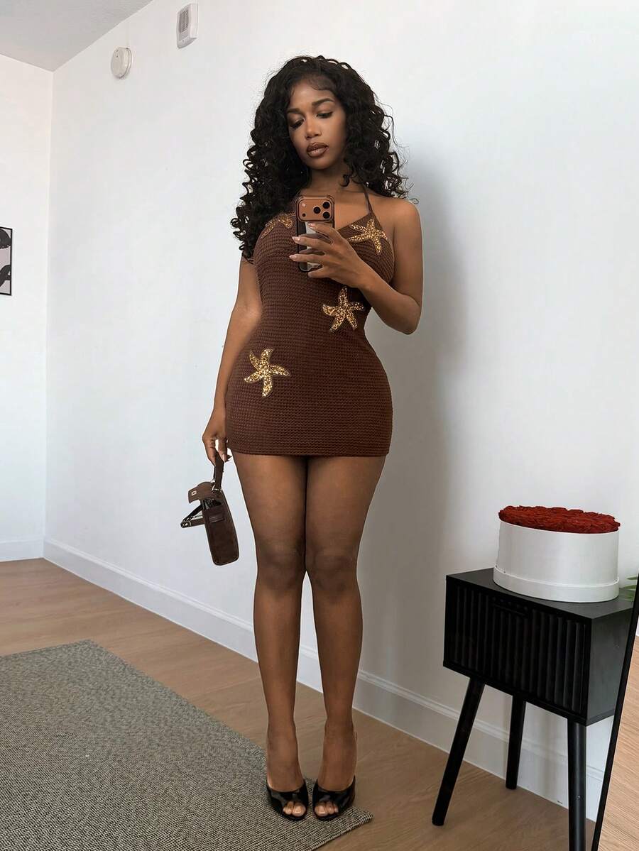 BamGleam Starfish Applique Fitted Halter Neck Sexy Backless Summer Dress - Brown - View 1